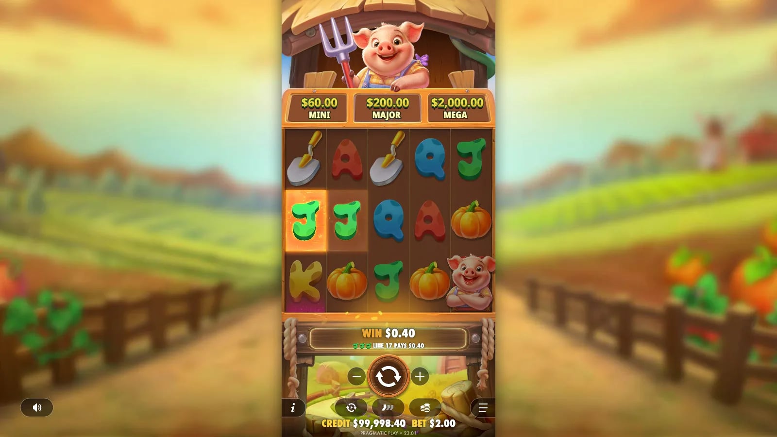 Pig Farm playable five-reel grid with jackpot panel and controls visible
