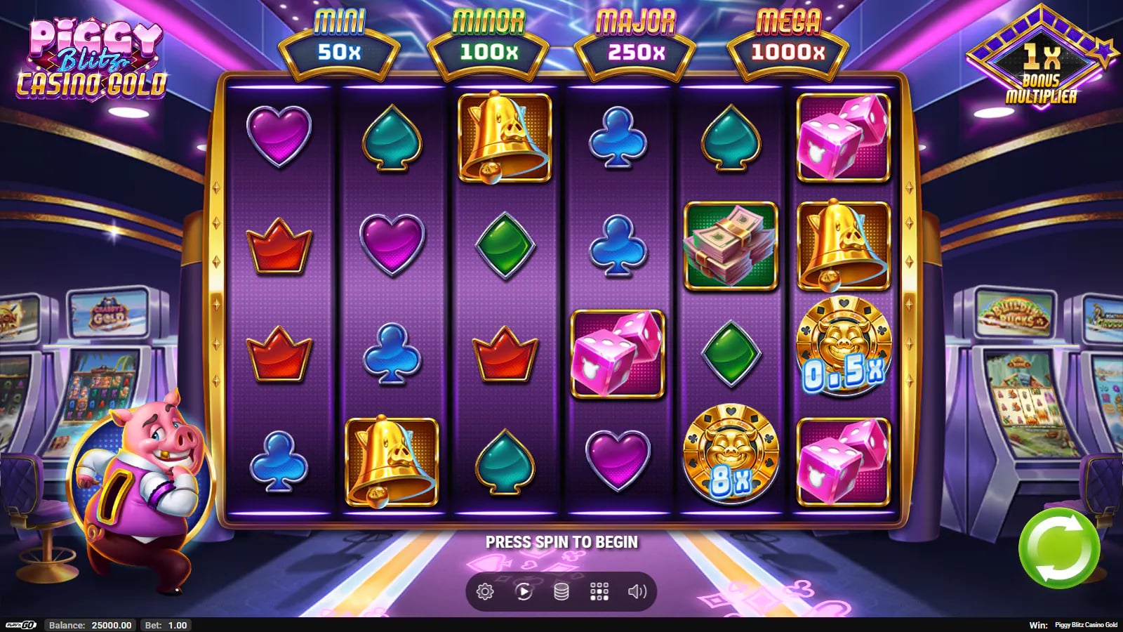Piggy Blitz Casino Gold opening six-reel demo board with Cash Coins and Mini-to-Mega labels