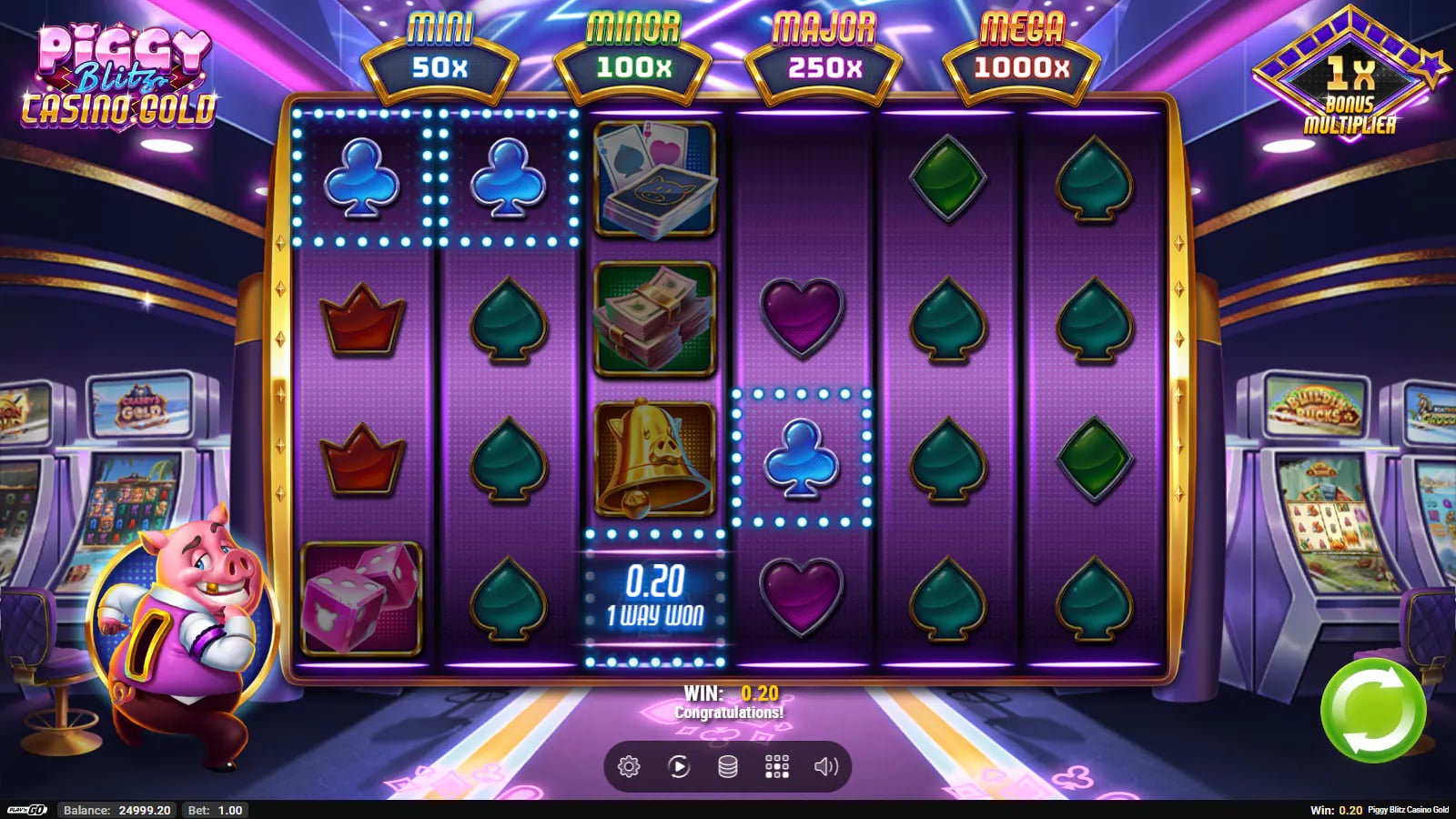 Blue club symbols highlighted for a 0.20 one-way win on the Piggy Blitz Casino Gold demo