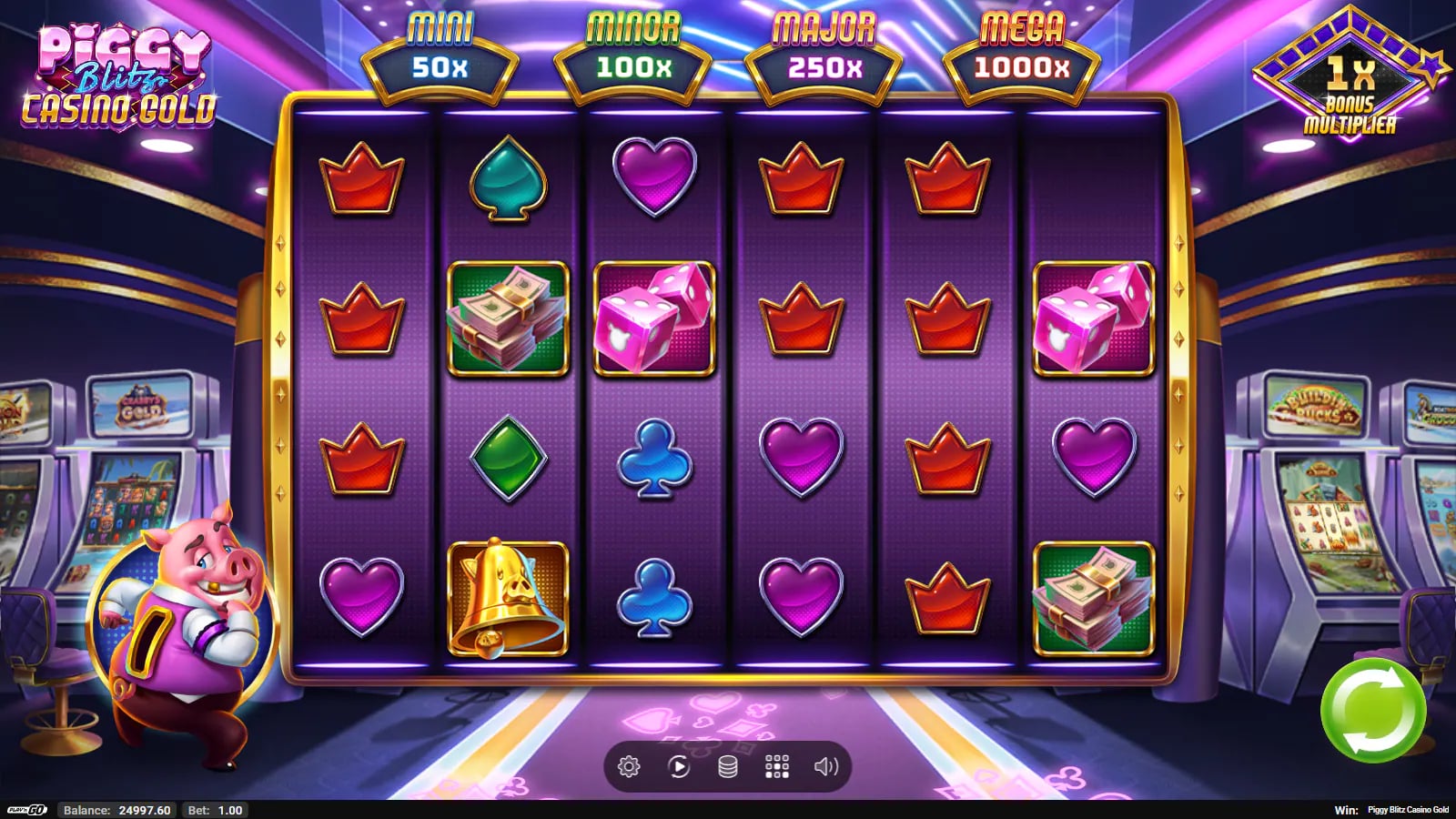 Different six-reel Piggy Blitz Casino Gold demo board with crowns, hearts, dice and cash symbols