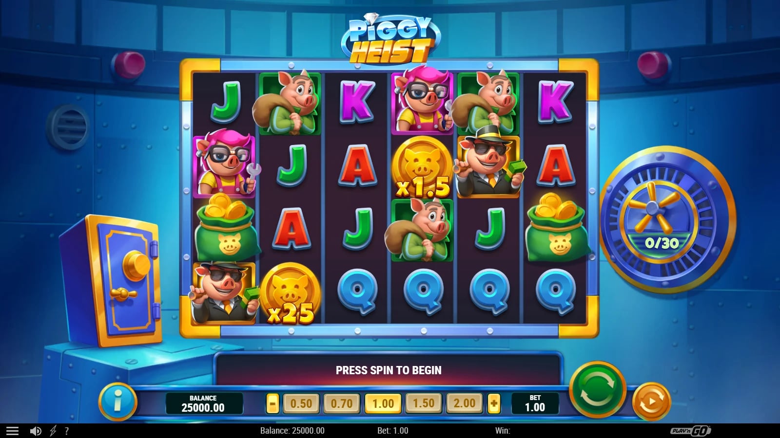 Piggy Heist six-reel base game with the Safe on the left and Vault Meter on the right