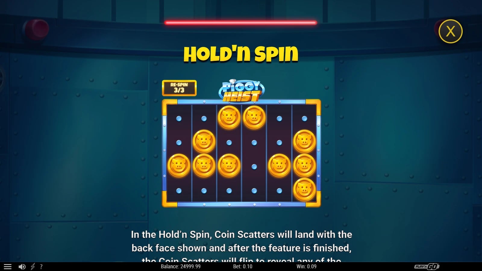 Piggy Heist Hold’n Spin rules illustration with locked Coins and a three-respin counter