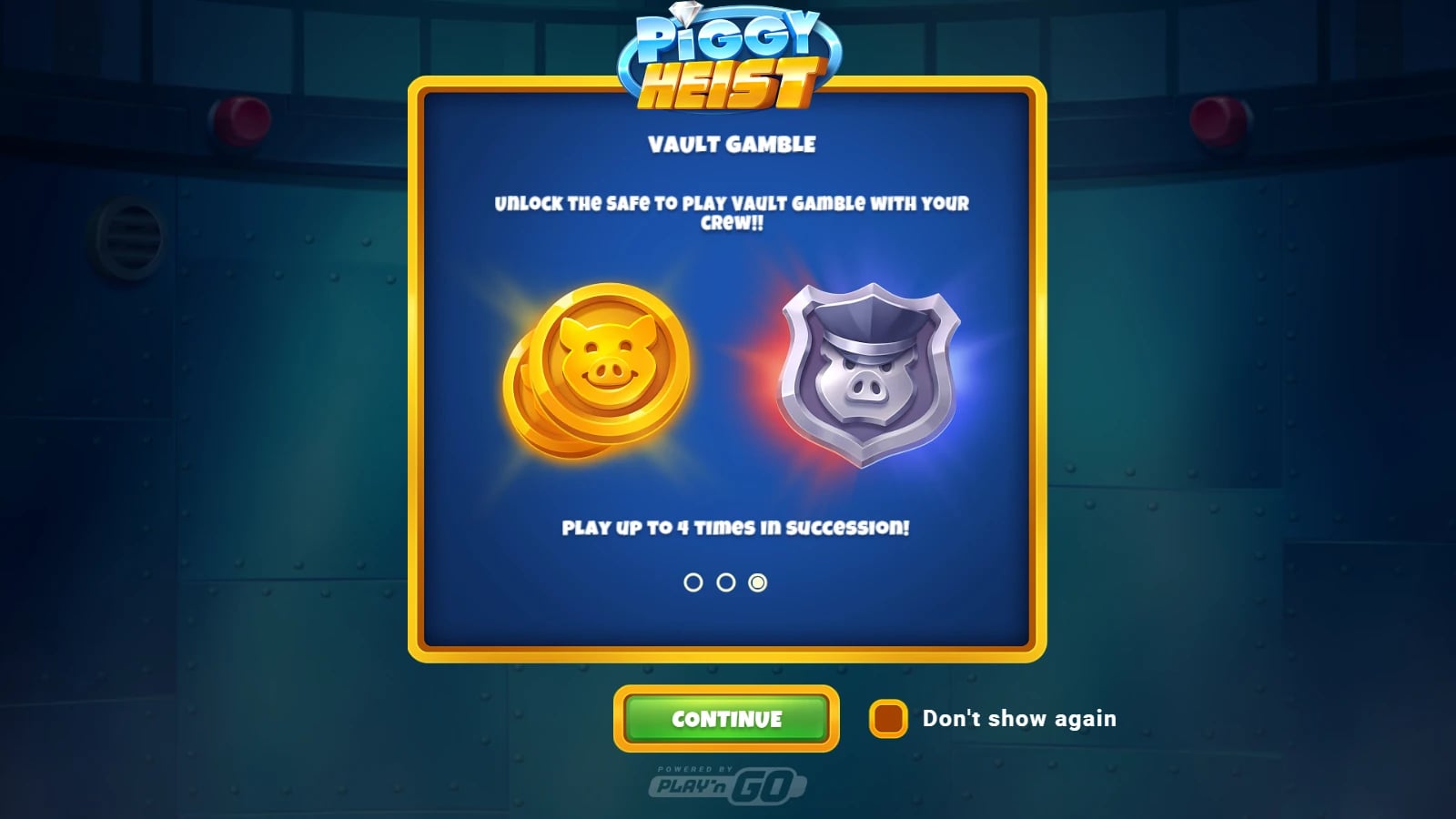 Piggy Heist Vault Gamble tutorial showing Double Coins and a Police Badge