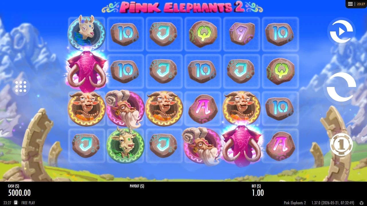 Pink Elephants 2 six-reel board with four rows of elephant, goat and card symbols