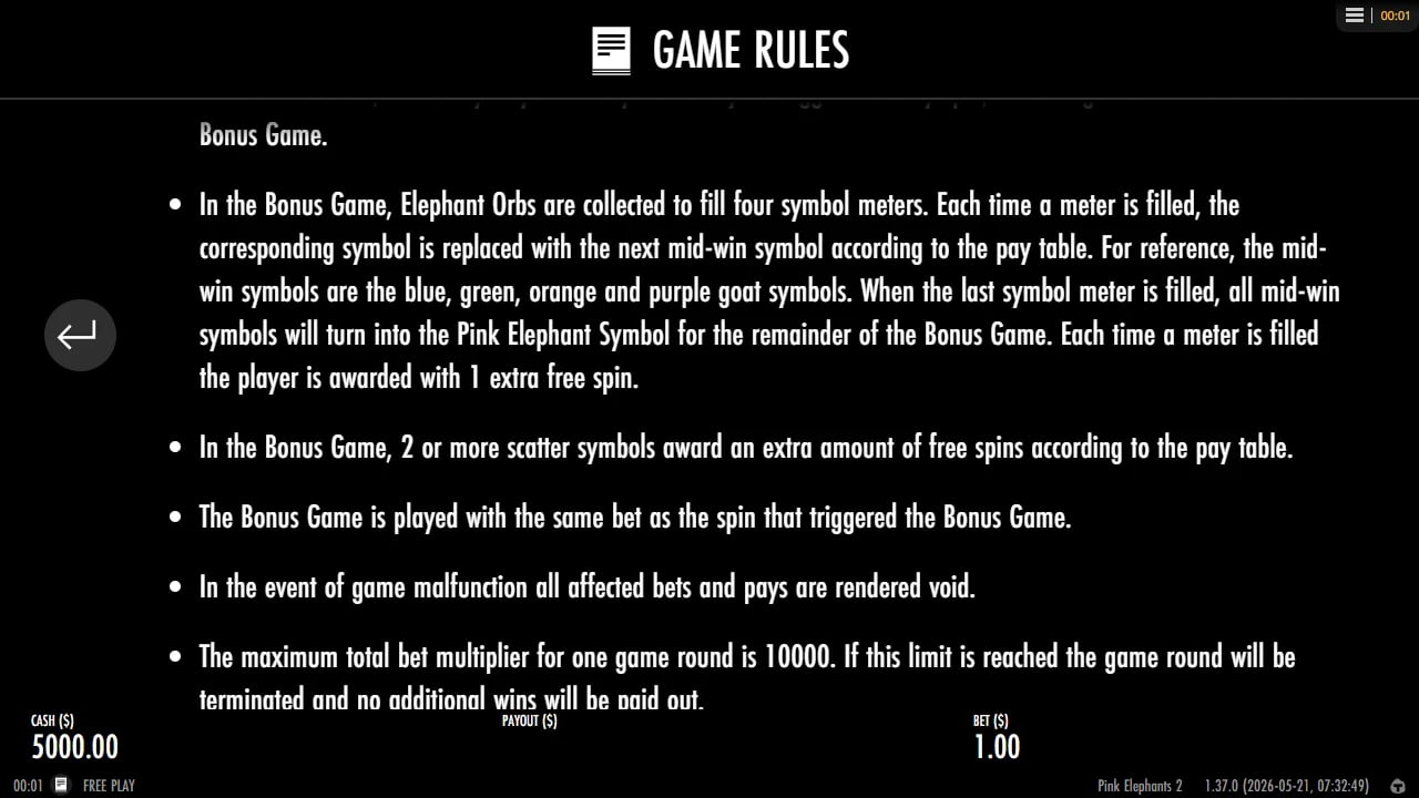 Pink Elephants 2 official rules explaining the four symbol meters and bonus retriggers