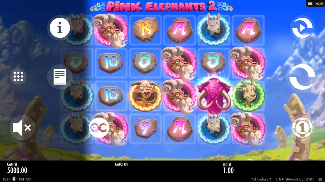 Pink Elephants 2 open menu showing separate paytable and game-rules icons