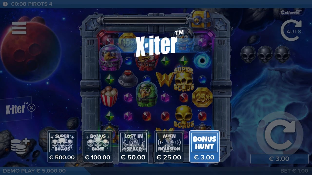 Pirots 4 Lost in Space X-iter menu at a one-euro base bet