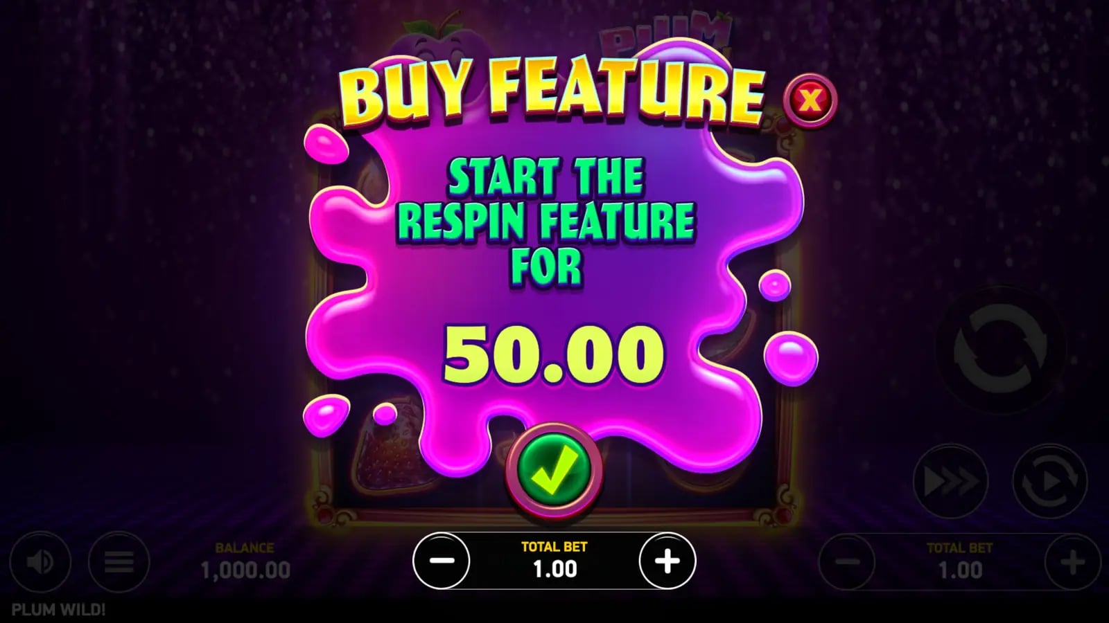 Plum Wild! official game screen showing the 50x Buy Feature price above the complete player controls