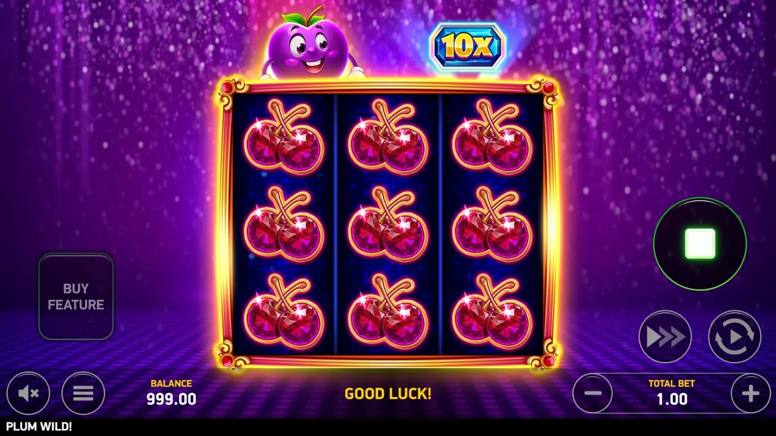 Plum Wild! official game screen showing a full 3x3 cherry grid with the 10x feature badge