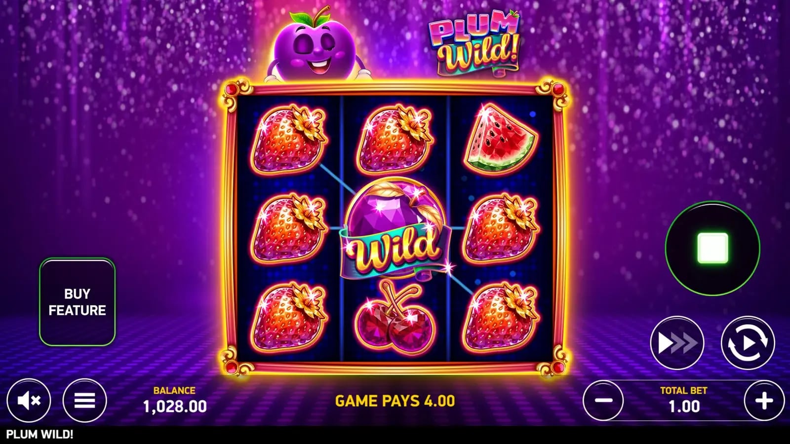 Plum Wild! official game screen showing a Mystery reveal as a Wild among matching strawberry symbols