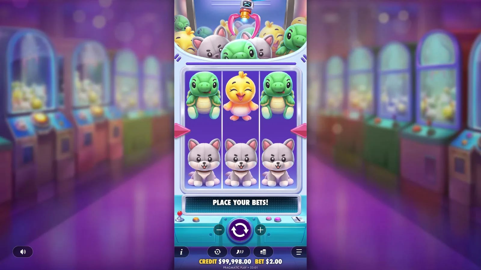 Plushie Wins playable 3x3 grid with the centre payline and controls visible