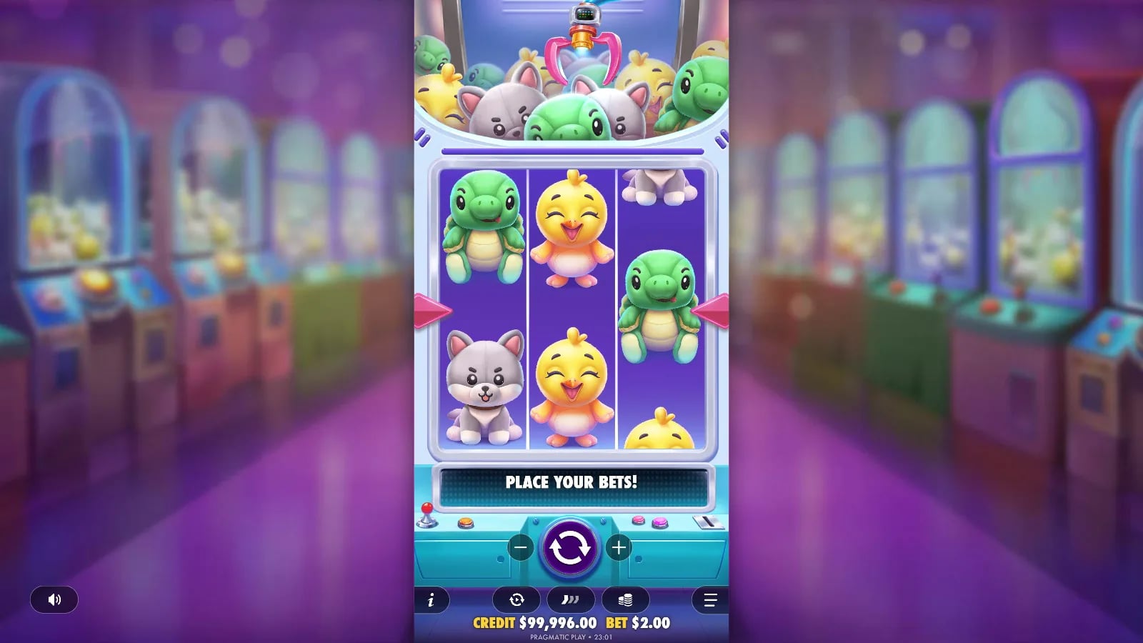 Plushie Wins official demo capture during a spin, with moving plushie reels, centre-line arrows and virtual-credit controls visible.