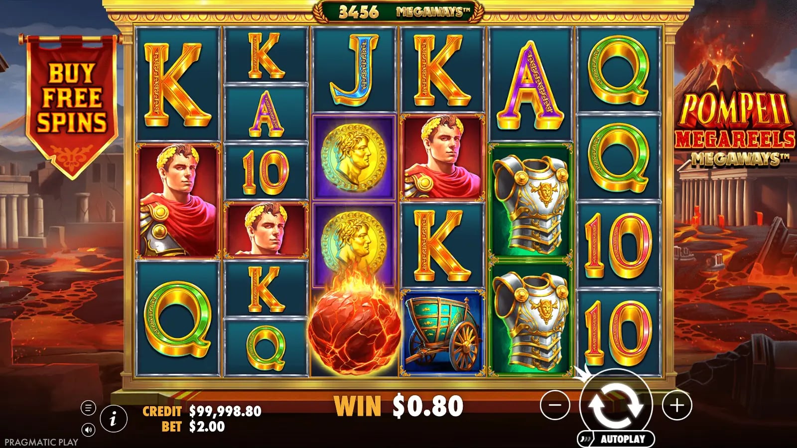 Pompeii Megareels Megaways base win of $0.80 at 3,456 ways