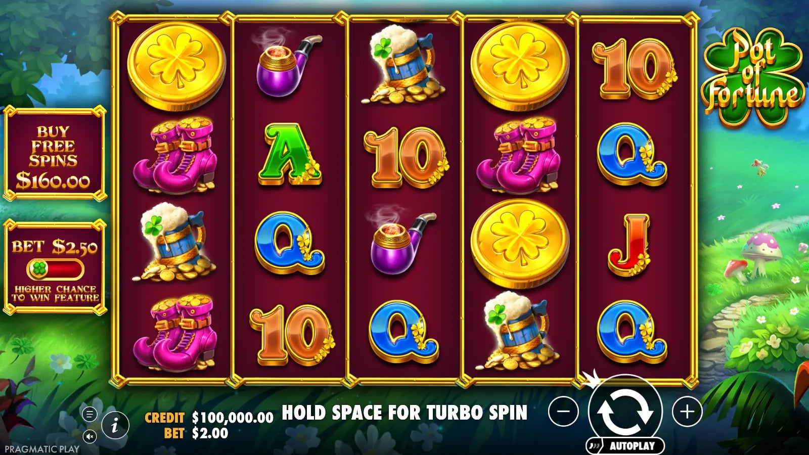 Pot of Fortune idle five-reel board with clover coins, boots and a Buy Free Spins control.