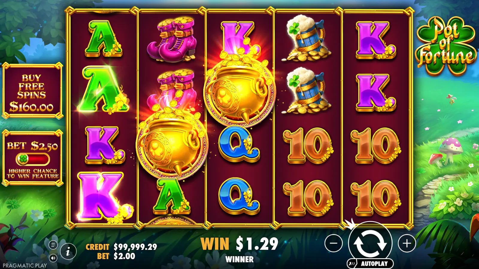 Pot of Fortune ordinary $1.29 win with two glowing gold pot symbols and no bonus counter.