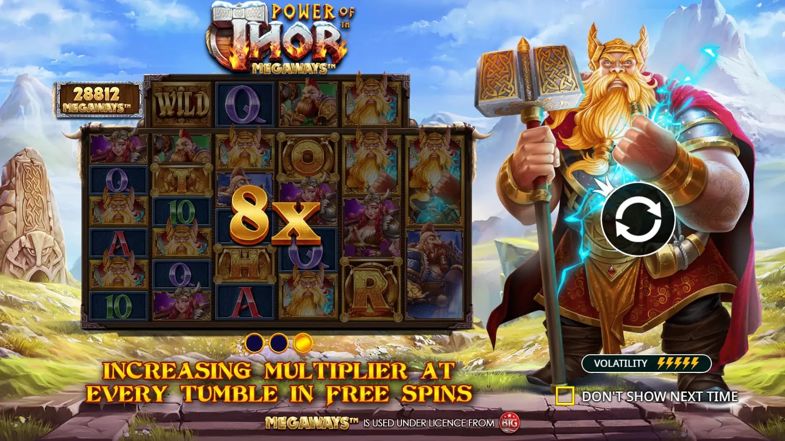 Power of Thor Megaways opening illustration with Thor, example reels and an 8x symbol