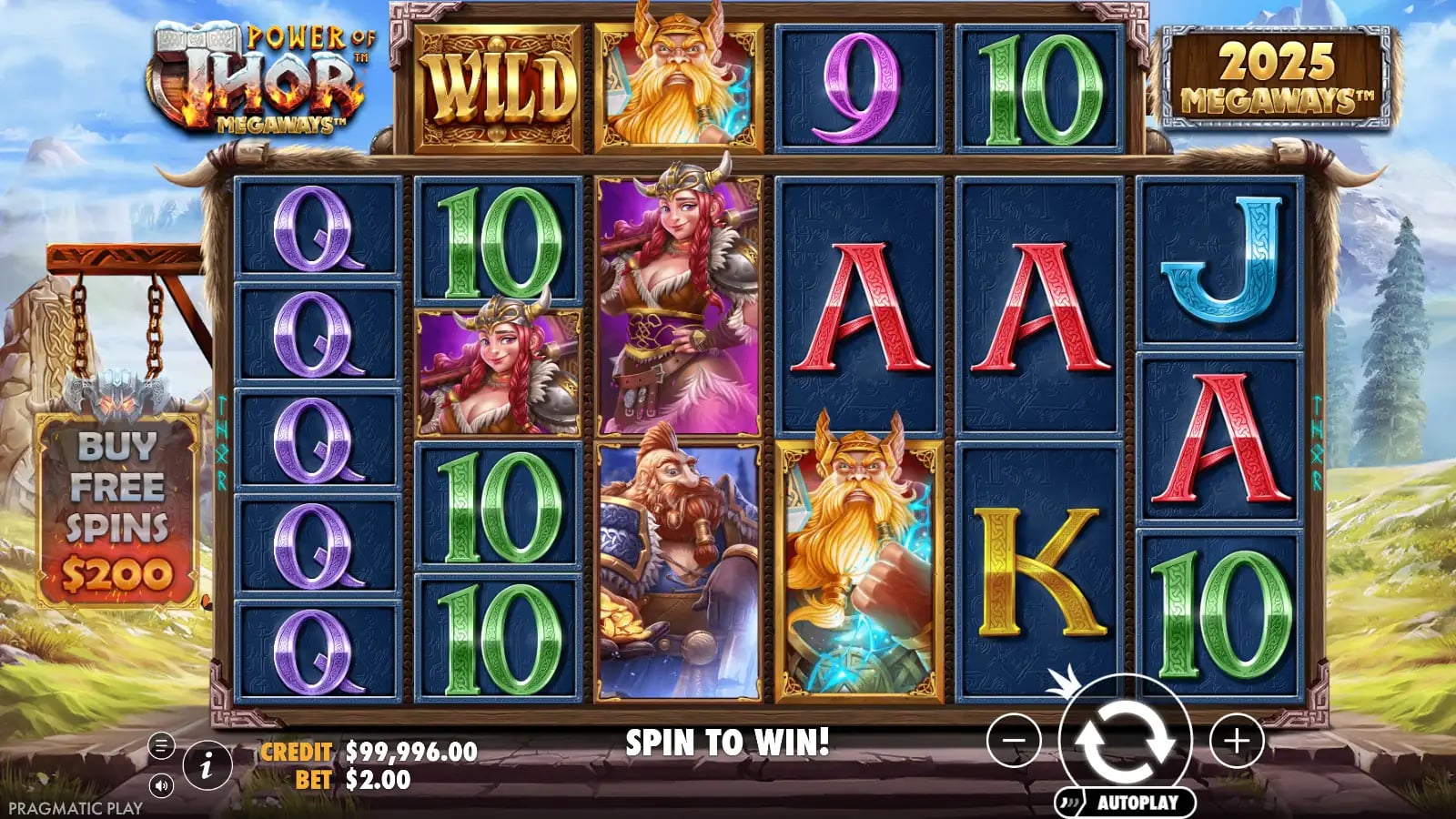 Power of Thor Megaways base board with a top-row Wild and 2,025 ways