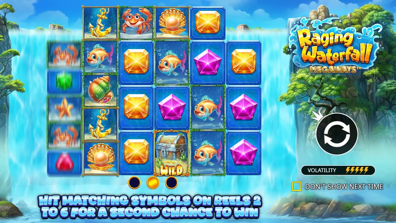 Raging Waterfall Megaways rule screen illustrating the reel-one respin
