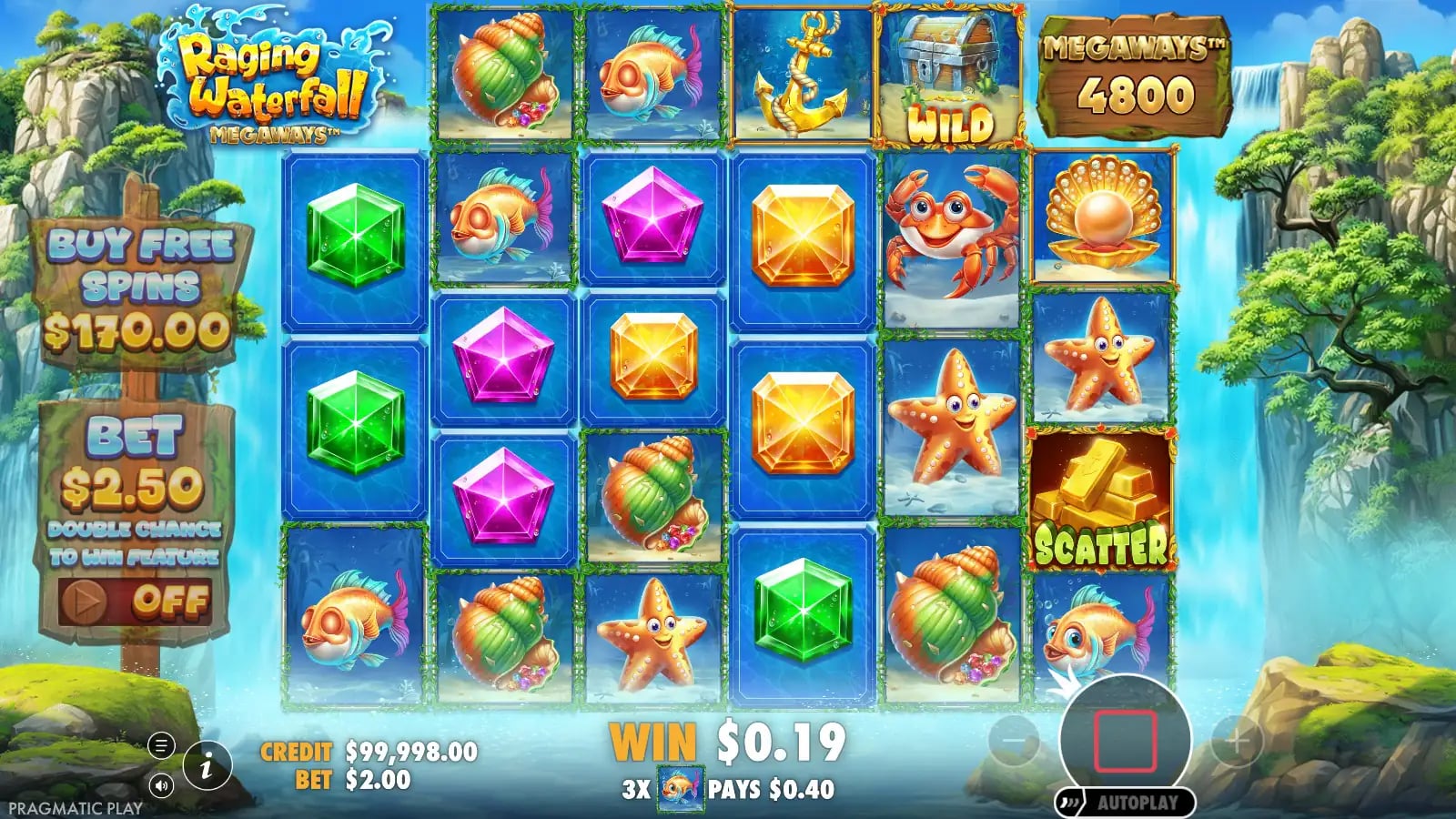 Raging Waterfall Megaways base-game grid with 4,800 ways
