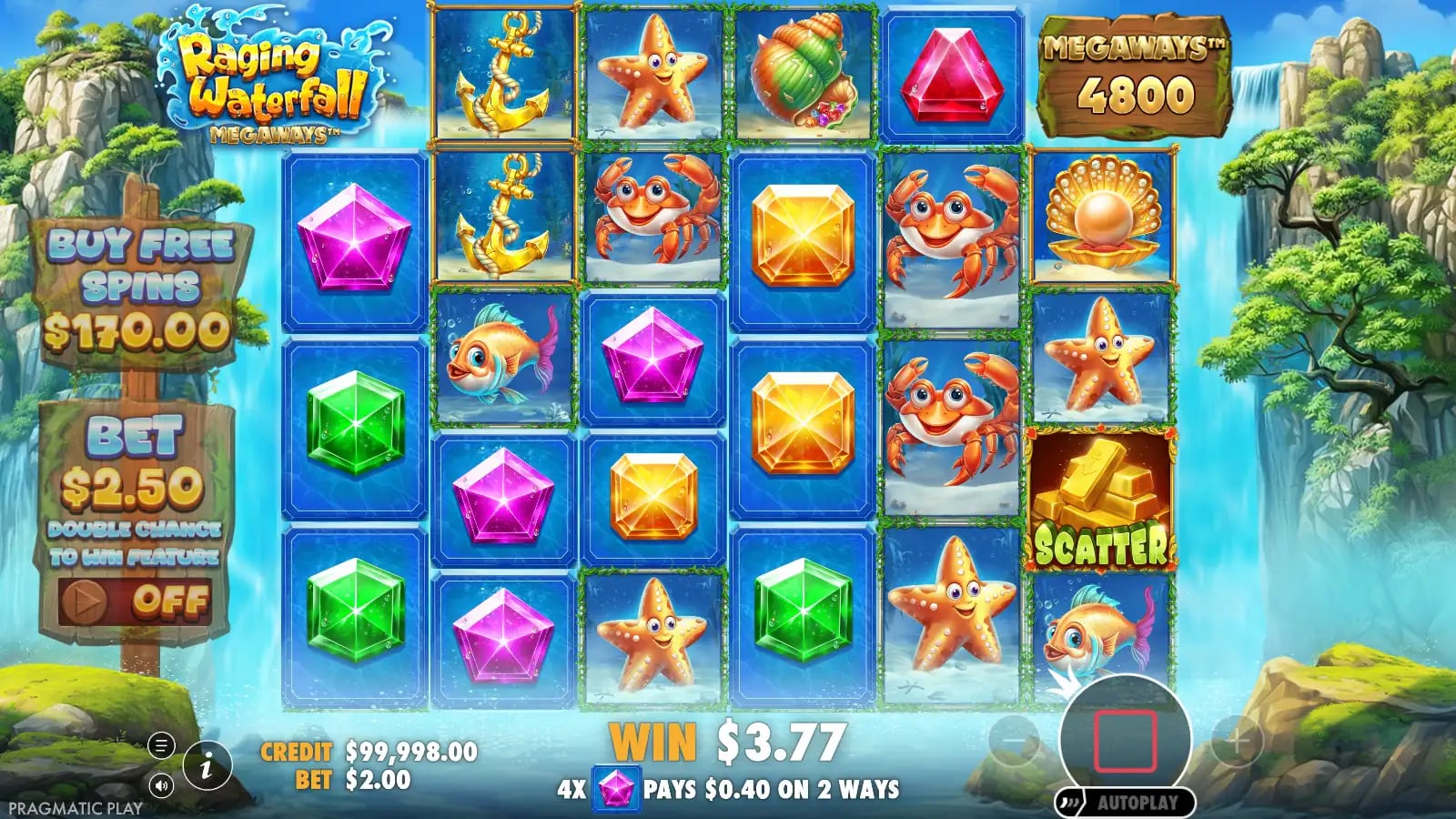 Raging Waterfall Megaways later base-game result with one Scatter