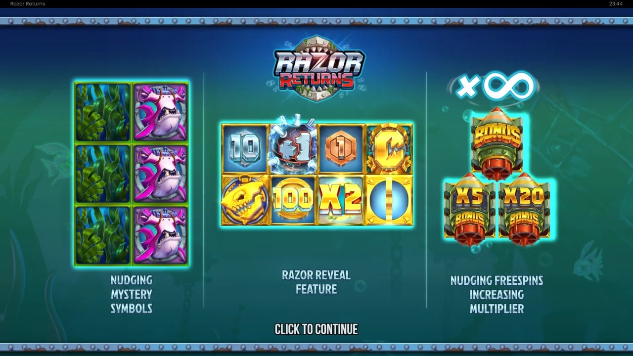 Razor Returns introductory feature overview showing Mystery stacks, Razor Reveal modifiers and Torpedo bonuses