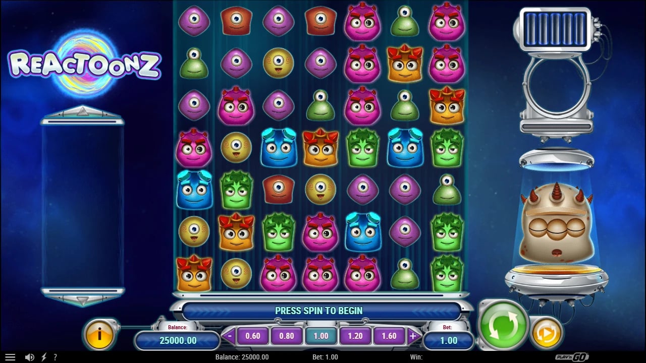 Reactoonz seven-by-seven alien grid with Quantum charge meters
