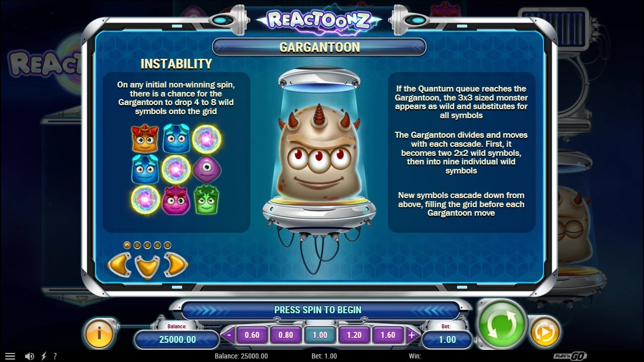 Reactoonz illustrated Gargantoon and Instability information panel