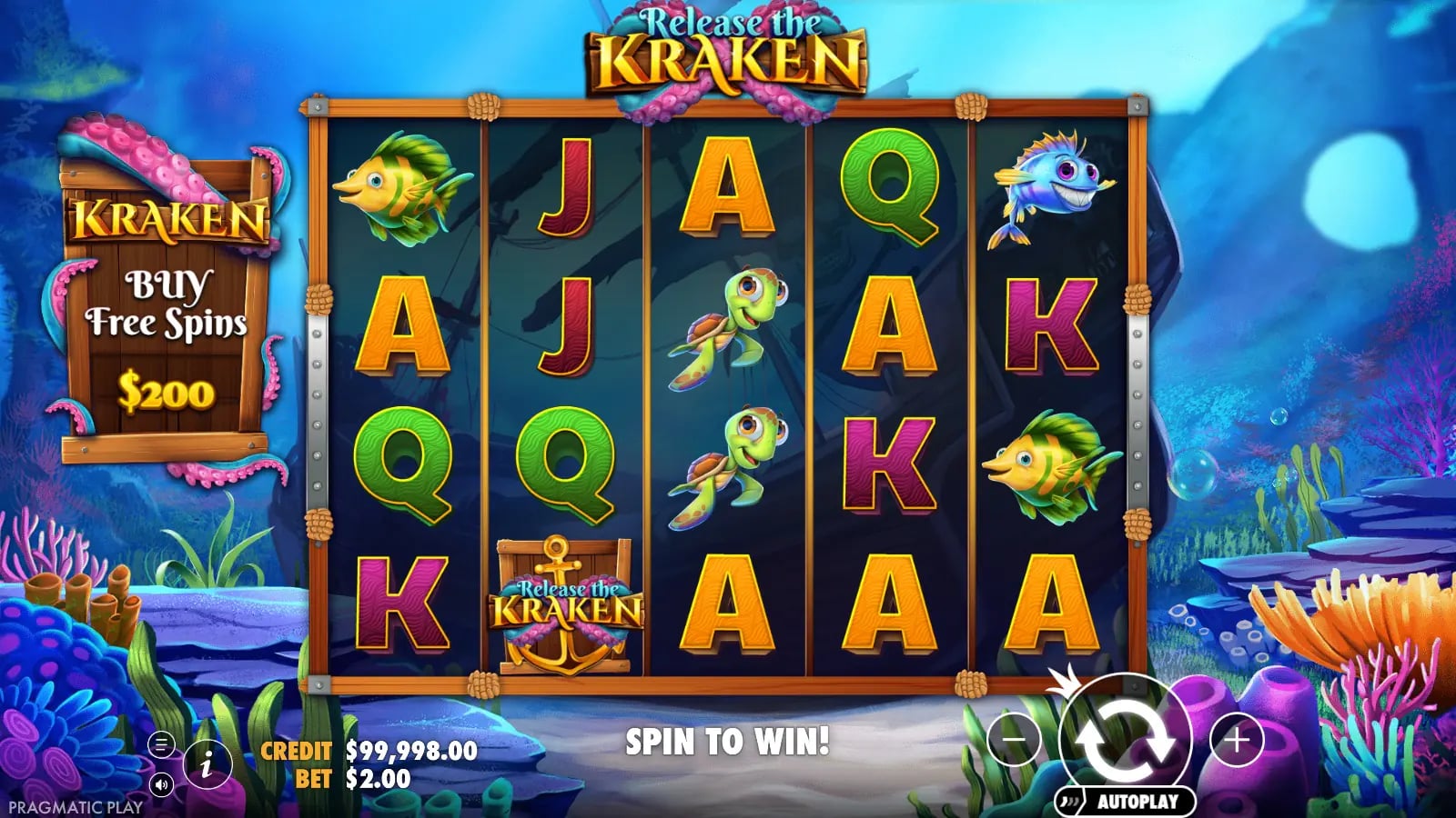 Release the Kraken ordinary five-by-four base board with one Anchor Scatter and a $2 virtual bet