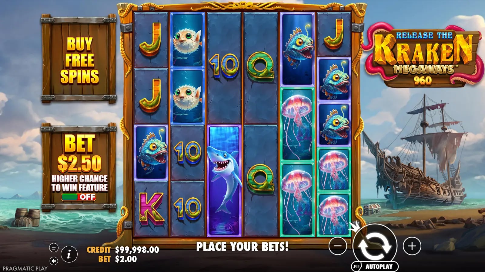 Release The Kraken Megaways live six-reel grid and Megaways counter