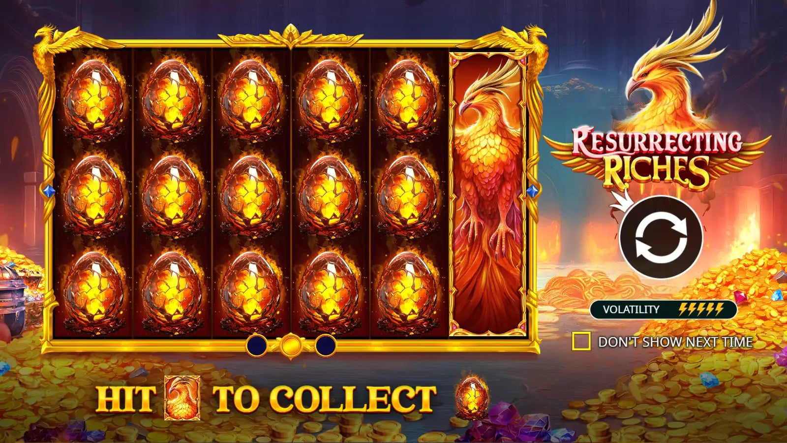 Resurrecting Riches illustrated pre-play screen with fiery eggs and phoenix collector