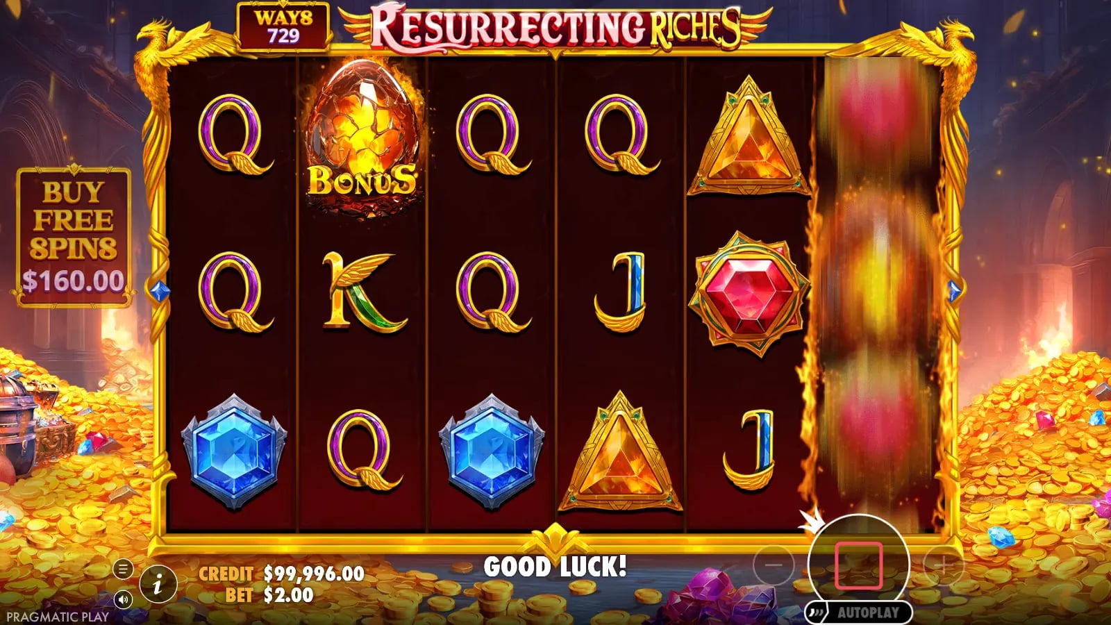 Resurrecting Riches base grid with one Bonus egg and blurred sixth reel