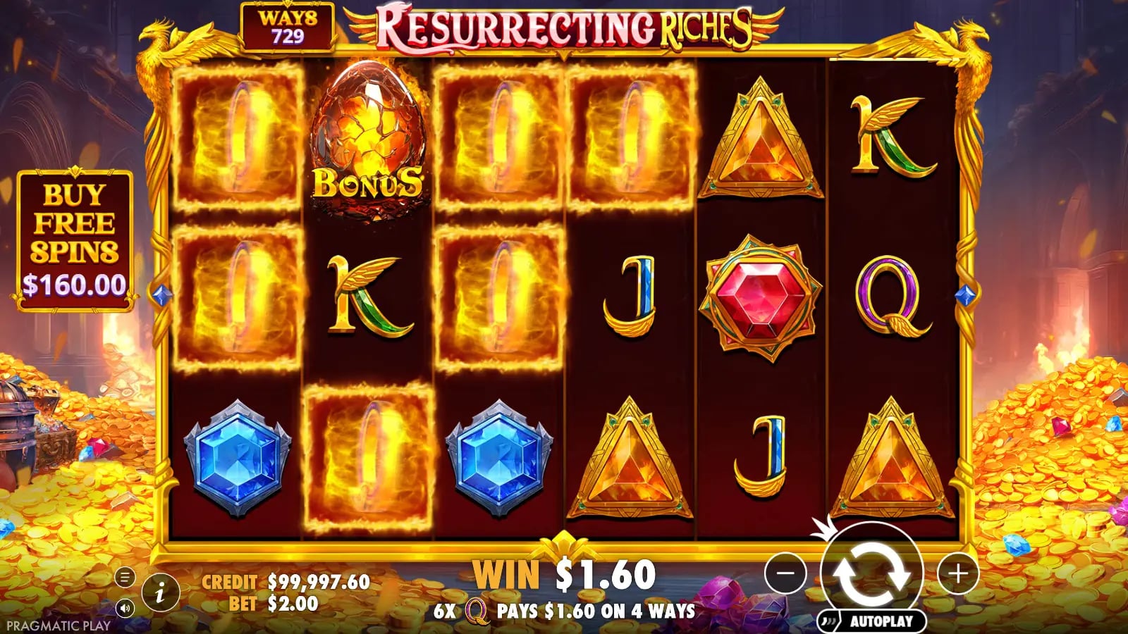 Resurrecting Riches base result with one Bonus egg and a small Q-symbol line win