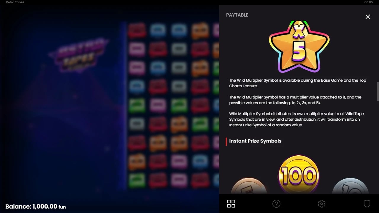 Retro Tapes Wild Multiplier star and Instant Prize symbols in the paytable