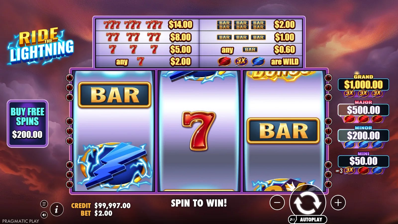 Ride The Lightning live 3x3 reels with nine paylines and controls visible