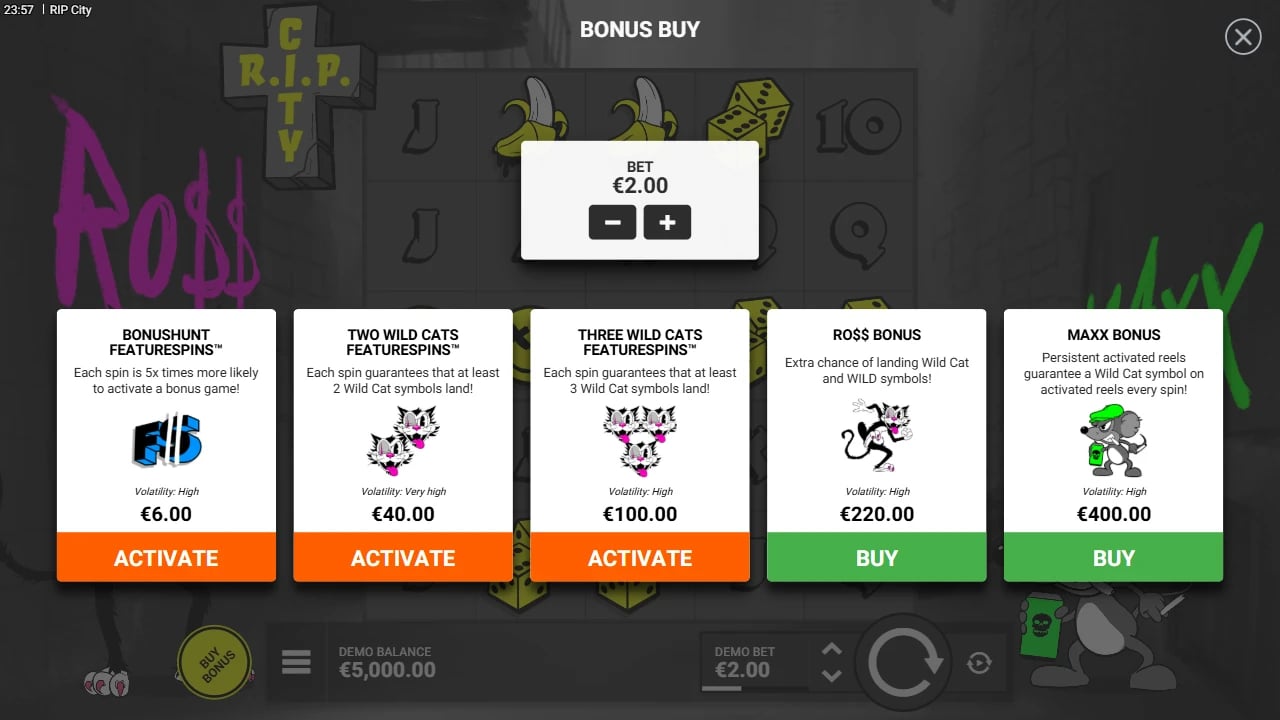 RIP City Bonus Buy menu with five entry options at a two-euro base bet