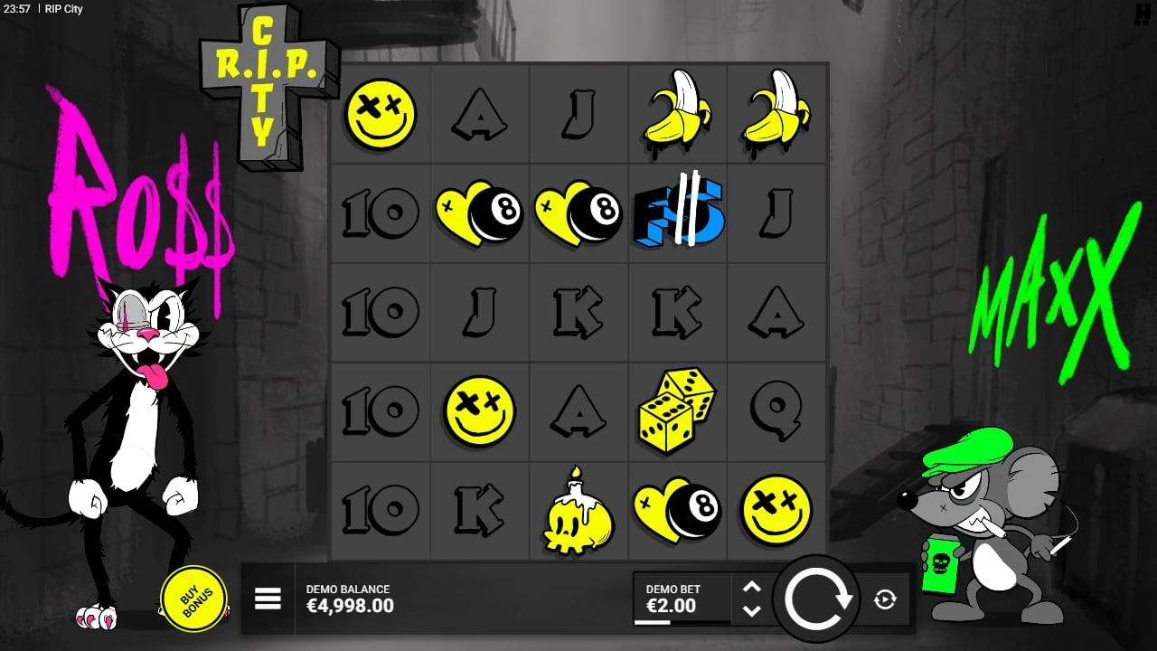 RIP City saved base-game state with eight-ball and FS symbols