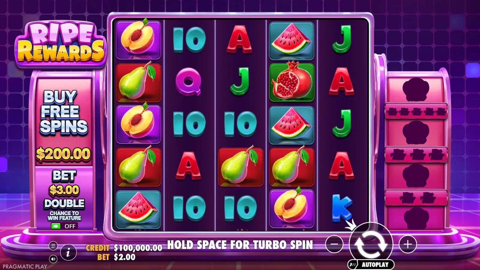 Ripe Rewards ordinary five-by-five fruit grid with feature controls