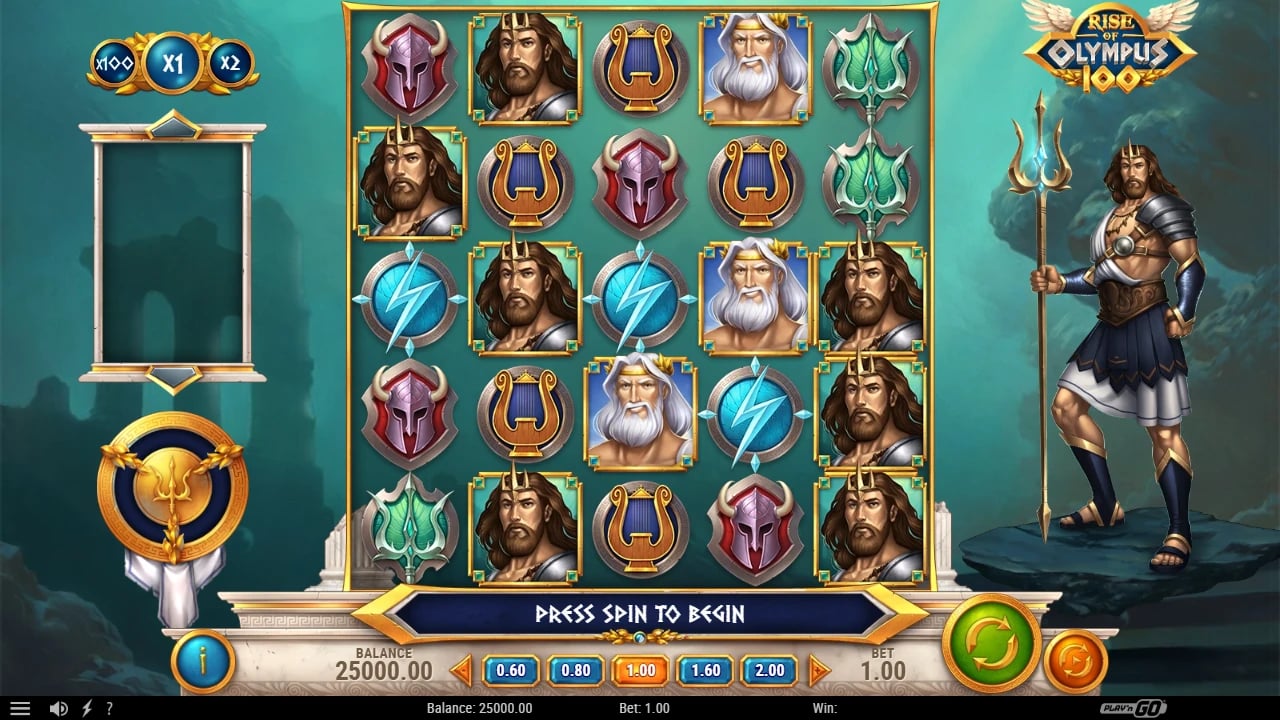 Rise of Olympus 100 five-by-five grid with god portraits and multiplier display