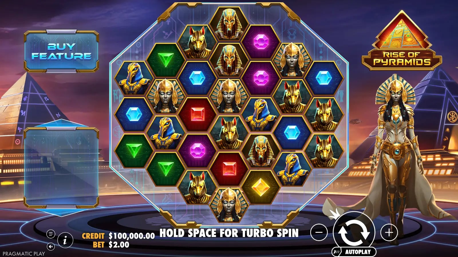 Rise of Pyramids idle octagonal board with Egyptian portraits, gem symbols and a Buy Feature control.