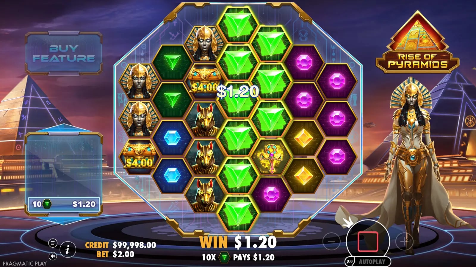 Rise of Pyramids green-gem cluster win for $1.20 beside two visible $4 chest symbols.
