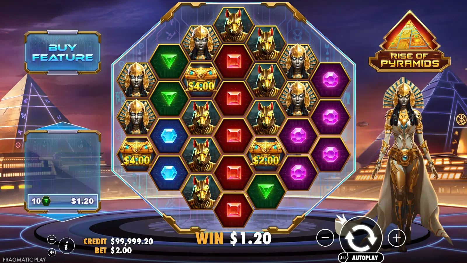 Rise of Pyramids ordinary board with two $4 chests, one $2 chest and no active bonus counter.
