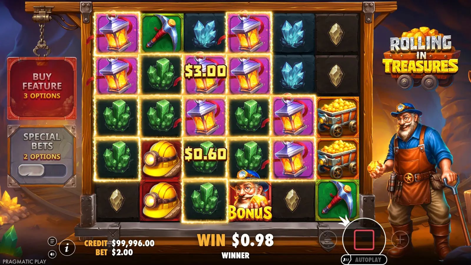Rolling in Treasures ordinary result with money values on the reels