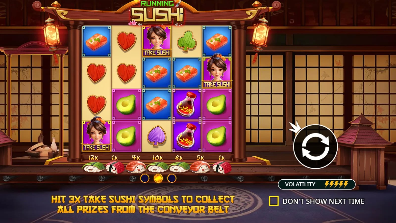 Running Sushi instructional 5×4 reels with three Take Sushi illustrations and multiplier conveyor.
