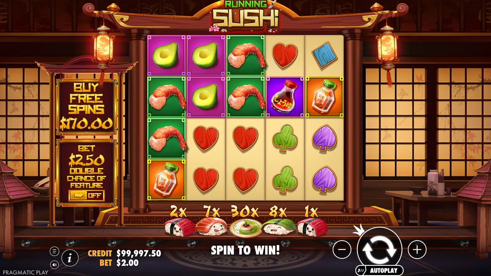 Running Sushi later ordinary 5×4 board with a 30× sushi piece among uncollected belt values.