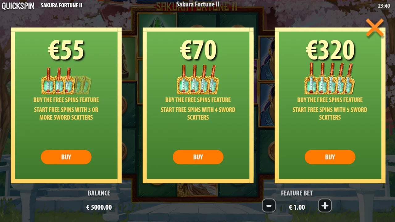 Sakura Fortune 2 buy menu with three entry cards