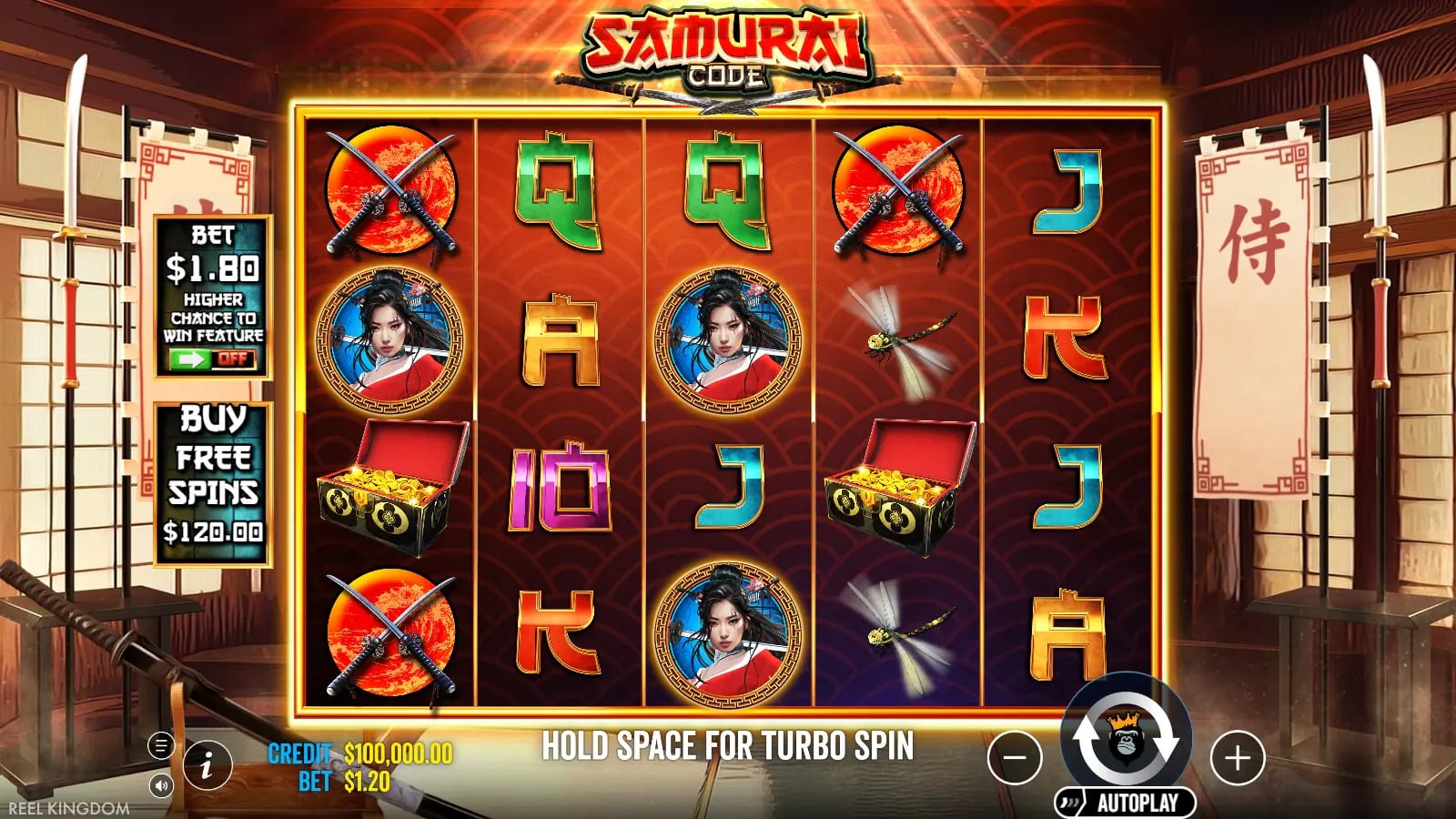 Samurai Code five-reel base game with crossed weapon symbols