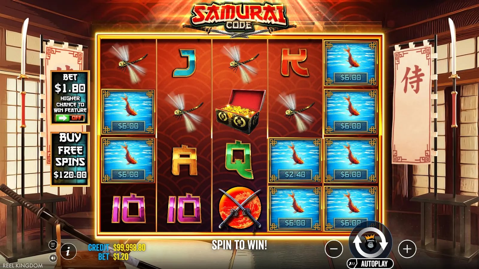 Samurai Code later base spin with blue fish on the right reels