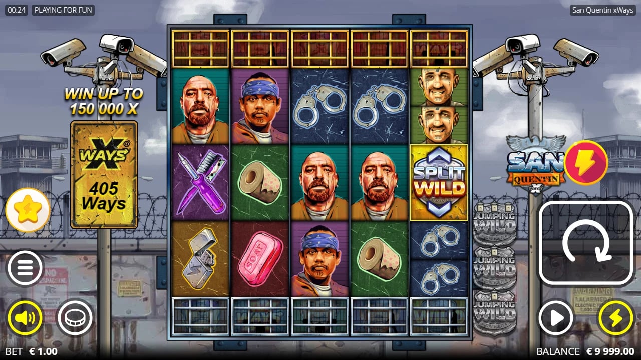 San Quentin reel state showing 405 ways beside Bonus and Split Wild symbols