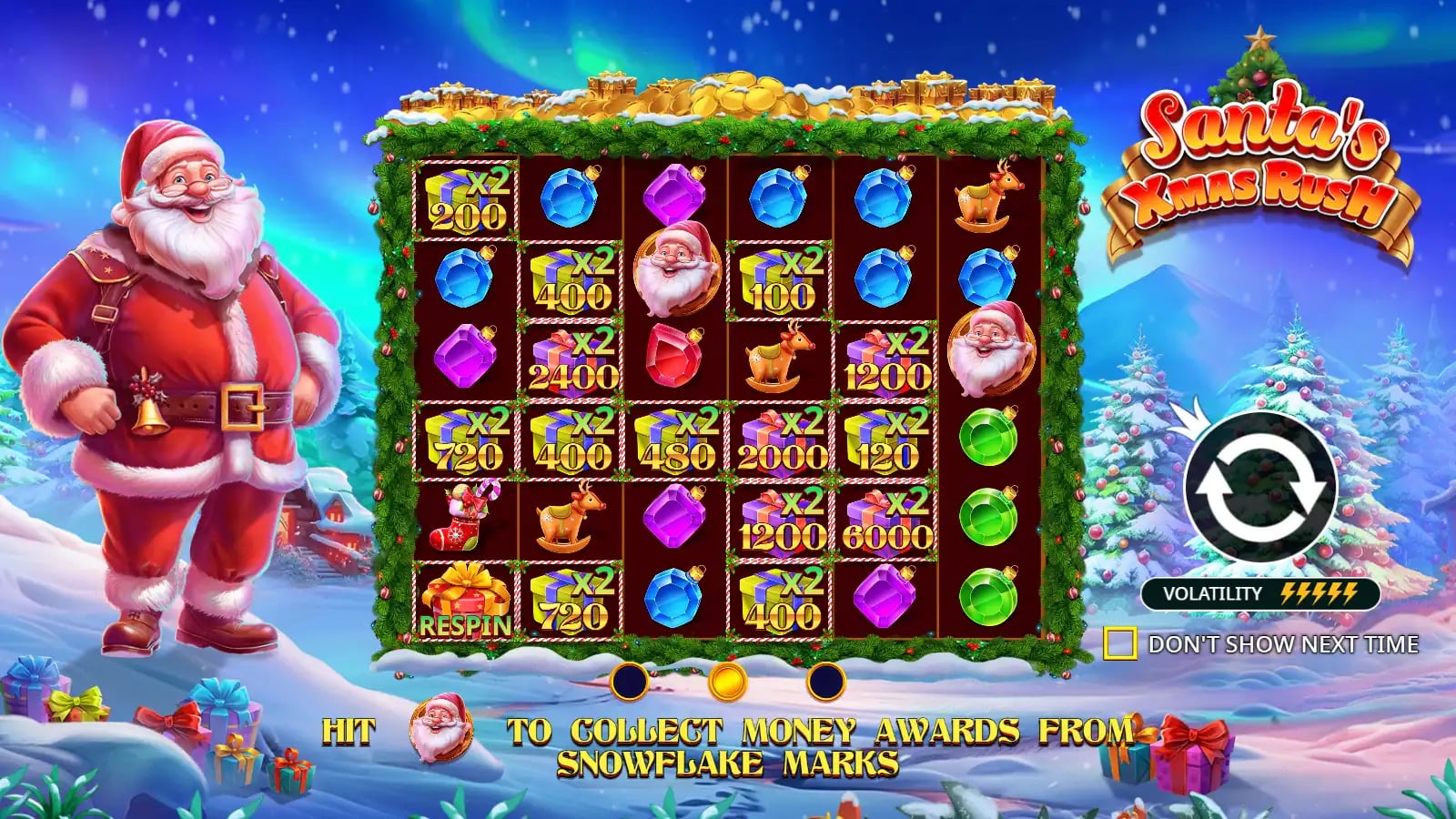 Santa’s Xmas Rush teaching screen with illustrated gift values and Santa beside a 6×6 board.