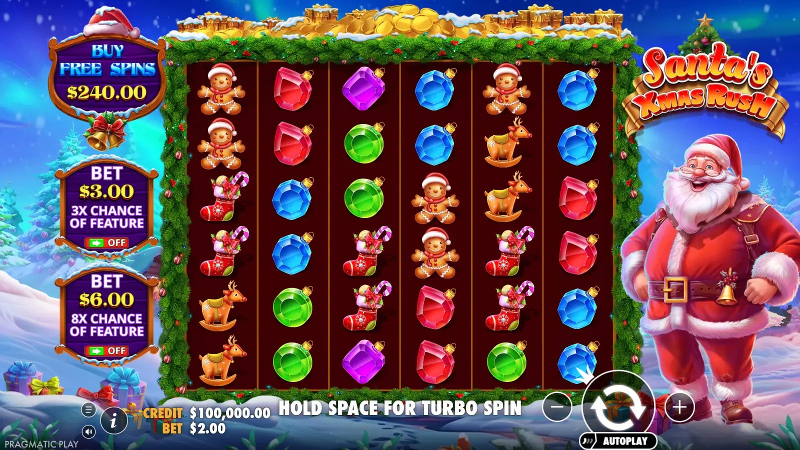Santa’s Xmas Rush ordinary 6×6 board with optional feature controls at a $2 virtual bet.